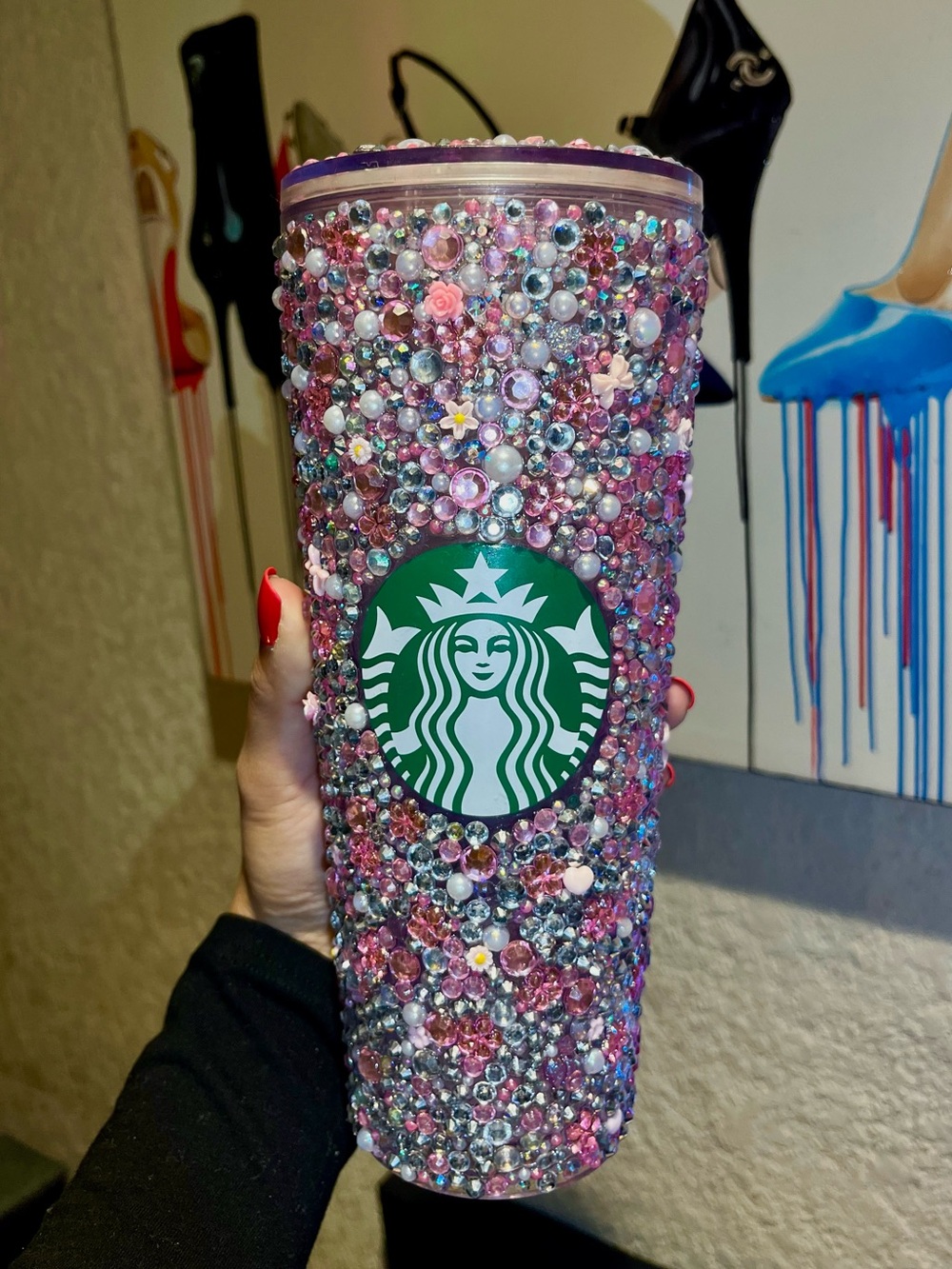 Starbucks NWT 24oz Tumbler - HAND CUSTOM BY ME! Pink Rhinestones, Pearls & Bows
